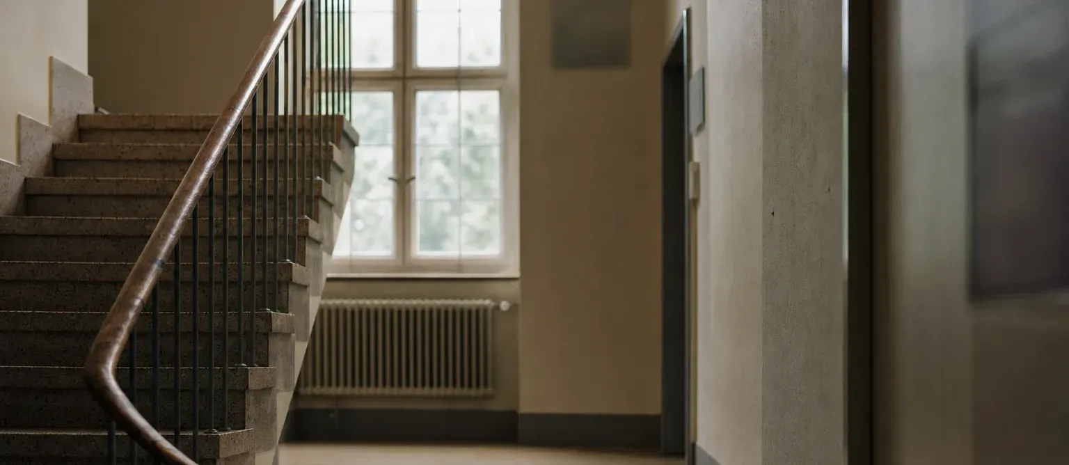 Treppenhaus eines Verwaltungsgebäudes mit Terrazzostufen, Stahlgeländer und hohem Sprossenfenster.
