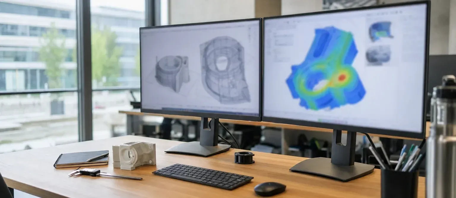 Arbeitsplatz in einem Ingenieurbüro: zwei Monitore mit einem CAD-Modell und einer farbigen Simulationsauswertung, davor ein gedrucktes Bauteil, Notizbuch und Messschieber auf einer Holzplatte.
