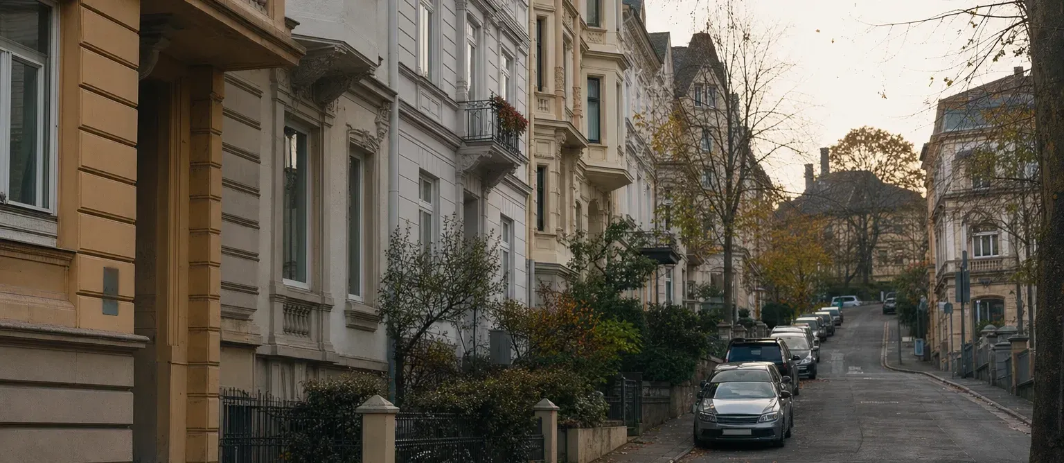 Wohnstraße am Hang mit Gründerzeitfassaden in Ocker und Grau, parkenden Autos und herbstlichen Straßenbäumen.