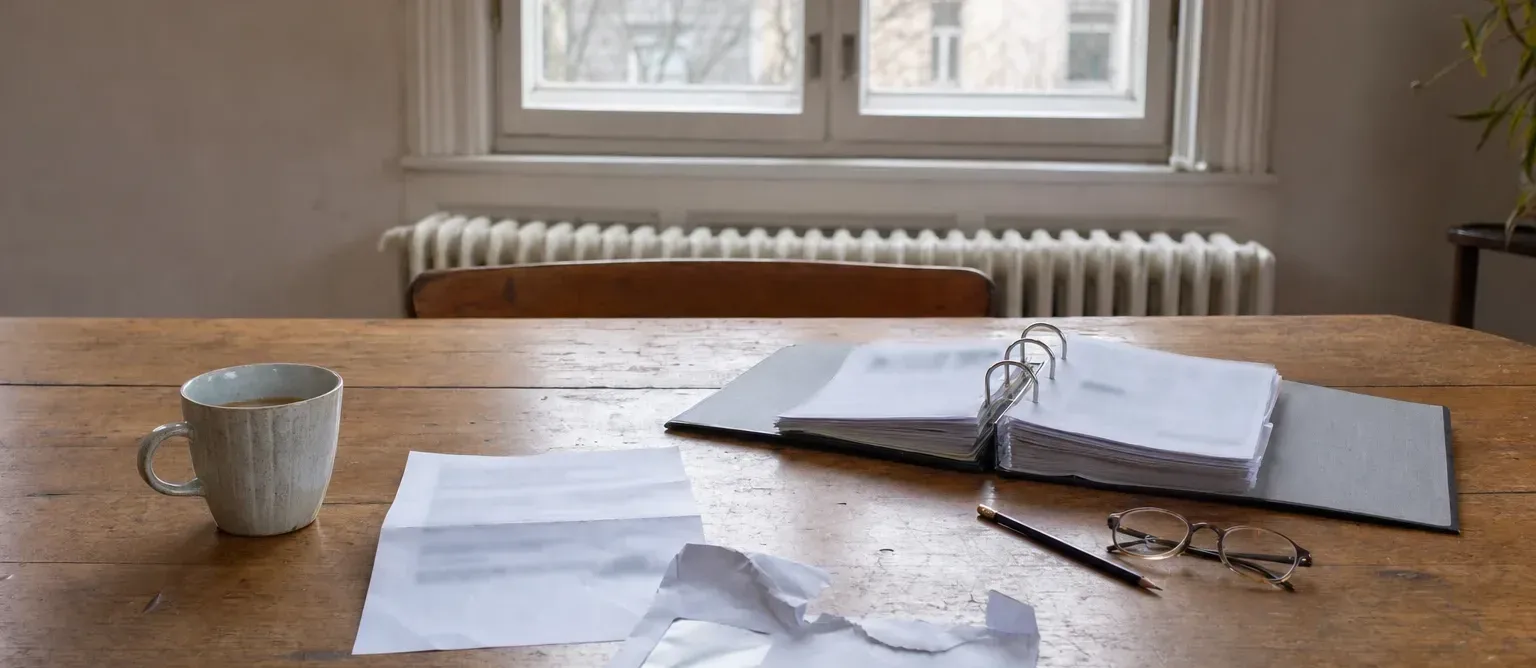 Küchentisch in einer Altbauwohnung: ein geöffneter Brief neben dem aufgerissenen Fensterumschlag, ein aufgeschlagener Ordner mit Vertragsunterlagen, Brille, Bleistift und Kaffeetasse; dahinter Heizkörper und Fenster zur Straße.