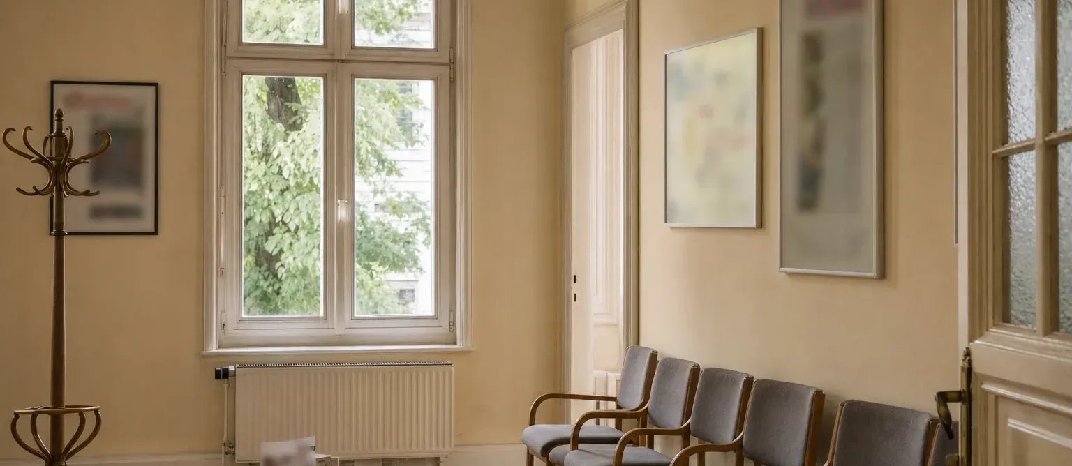 Wartebereich einer Facharztpraxis im Altbau: Stuhlreihe an der Wand, Garderobenständer und ein hohes Sprossenfenster.